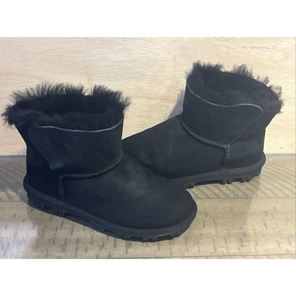 Girls 13 Boots Shearling Wool Sheepskin Shoe Black bootie Warm Slip On Winter